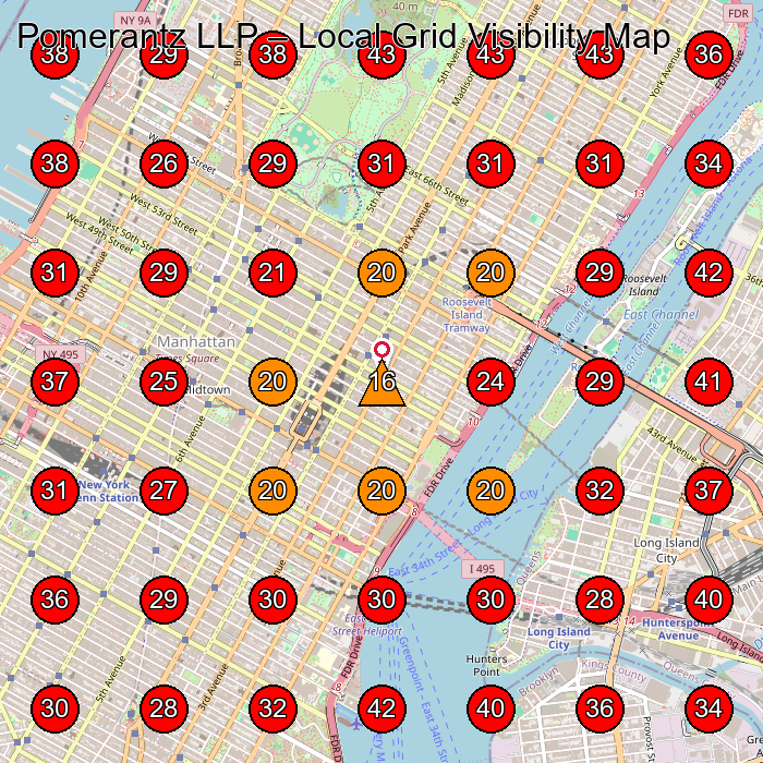 Pomerantz LLP GeoGrid visibility map for Law Firm in New York